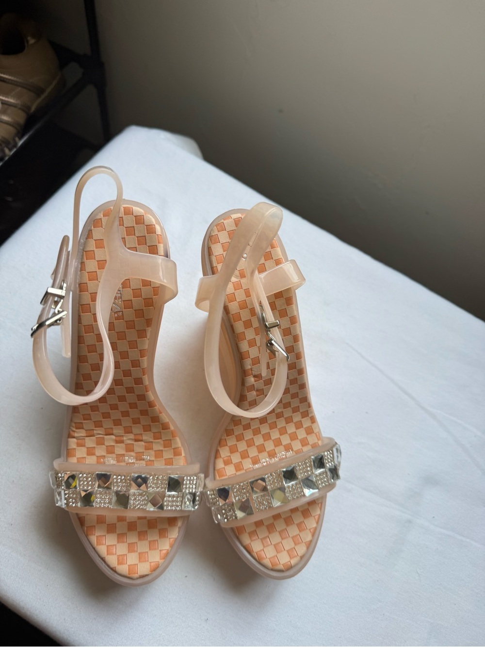 Andrea Jelly wedge Heels, blush color with sparkling rhinestone Size 37 USA 6.5